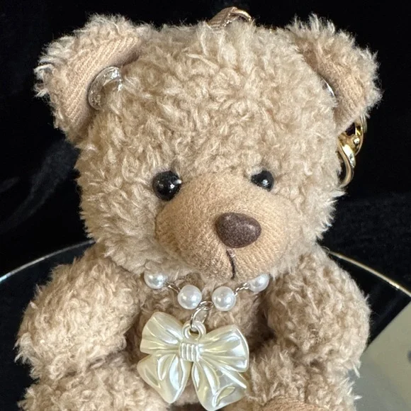 Tan Teddy Bear Keychain with Pearl Necklace - Picture 3 of 3